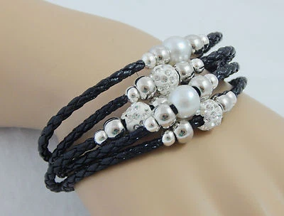 MULTI-5- STRAND BLACK WEAVED FAUX LEATHER BRACELET SIZE: 6-1/4" to 7" - Image 1 of 4