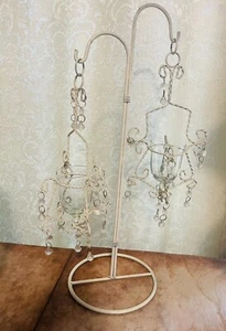 Hanging Votive Candle; White Metal Candle Stand Decorative W Glass Jewels 19” - Picture 1 of 3
