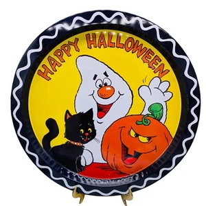 Happy Halloween Metal Serving Tray Ghost Jack O Lantern Black Cat Bright Platter - Picture 1 of 6