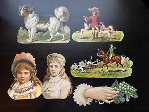 Lote de seis troquelados victorianos-perro, niñas, mano, caza con caballos, perros, jinetes - Imagen 1 de 2