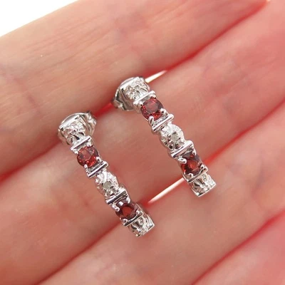 ROSS SIMONS 925 Sterling Silver Real Diamond & Red Garnet Half Hoop Earrings - Image 1 of 4