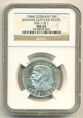 West Germany Silver 1964 J 5 Mark Fichte KM-118.1 MS65 NGC - Image 1 of 4