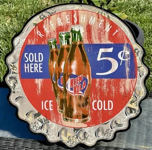 Letrero de metal retro rústico tapa botella 5 centavos Keen Kola vintage 15,5" anuncio de refresco pop - Imagen 1 de 4