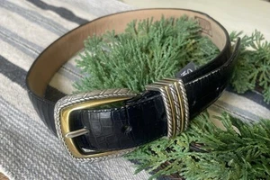 Brighton Leather Belt Size Small 28” Brown Silver Gold Buckle Crocodile #4B714 - Picture 1 of 12