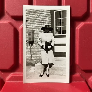 Woman Standing Outside In A Church Dress 2 3/4 x 4 1/2 Photograph B Vtg 1940s - Picture 1 of 2