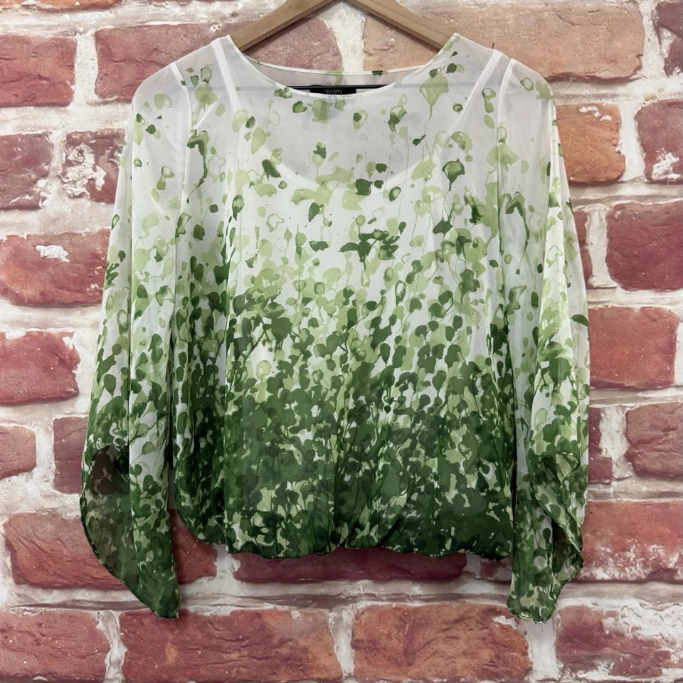 Alfani Top Womens Small Petite Green White Abstract Casual Career Popover - Image 1 of 4