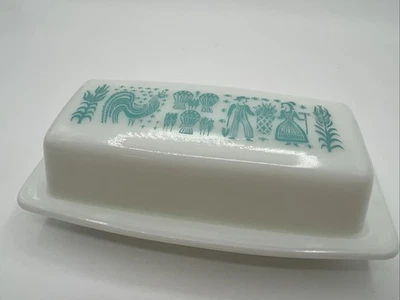 Prato de manteiga vintage PYREX Amish estampa de manteiga turquesa EUA puro leite raro muito bom estado - Imagem 1 de 4