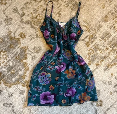 Винтажный Maidenform атласный зеленый бирюзовый фиолетовый розовый цветочный скольжения мини-платье L - Изображение 1 из 4