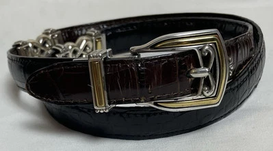 Женский двусторонний ремень S/28 коричневый черный сегментированная кожа серебристая фурнитура - Изображение 1 из 4