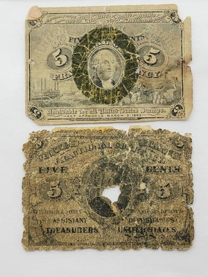 Set of 2- 1863 US Fractional Currency, 5 cents, Circulated, George Washington - Image 1 of 4