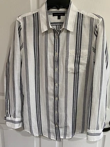 Banana Republic Blouse Womens~ SMALL Top Striped Linen Blend NAVY WHITE~XLNT - Picture 1 of 8