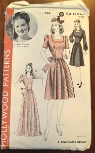 VTG 40'sHollywood Sewing pattern #738 Maureen O'Hara dress Sz 14 32" bust - Picture 1 of 3