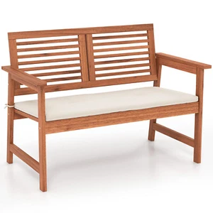 Patio Bench Outdoor Solid Wood Loveseat Chair w/ Backrest & Cushion Porch Garden - Picture 1 of 9