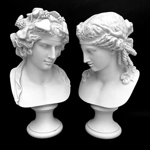 DIONYSUS / BACCHUS GOD OF WINE AND COMPANION MARBLE BUSTS / SCULPTURES 12" EACH - Picture 1 of 8