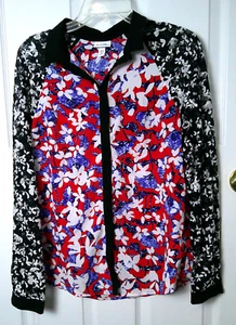 Peter Pilotto Mixed Media Long Sleeve Top Medium Red Black Floral Print Shirt - Picture 1 of 4
