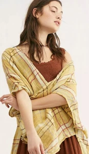 Free People Kimono Plaid Reverie Open Front Duster Yellow 1 Size NEW Linen - Picture 1 of 3