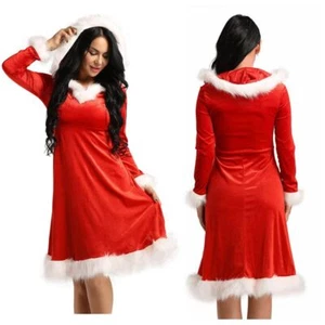 Women's Mrs. Santa Claus Long Sleeve Hooded Dress Costume Christmas Fancy Dress - Picture 1 of 30