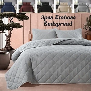 Emboss Quilted Bedspread 3 PCS Throw Comforter Warm Bedding Set Double King Size - Picture 1 of 69