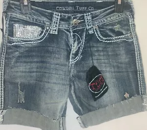 Cowgirl Tuff Co. Womens Size 26 Cuffed Denim Western Bling Shorts NWT - Picture 1 of 12