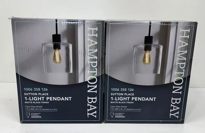 2PK Hampton Bay Sutton Place 1-Light Matte Black Clear Glass Pendant New - Image 1 of 2