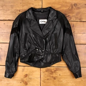 Vintage Chia Leather Jacket M 90s Western Cropped Black Womens - Picture 1 of 9