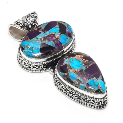 Copper Amethyst Turquoise Gemstones Handmade 925 Steling Silver Pendant Jewelry - Image 1 of 4