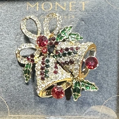 NUEVO EN CAJA Broche Prendedor Campana Navidad Monet Tono Dorado Rojo Transparente Verde Cristales en Caja Foto 1 de 4