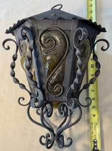 MCM Spanish Gothic Wrought Iron Amber Blown Glass Hanging Lamp Parts Repair - Picture 1 of 14