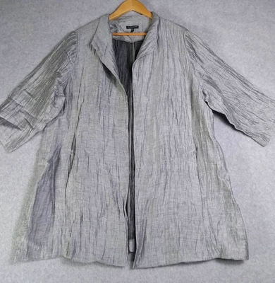 Chaqueta EILEEN FISHER MUJER 2X Plateada Lino Seda Arrugada Frente Abierto Manga 3/4 Foto 1 de 4