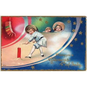 Wishing You a Glorious 4th of July Little Boy Cautiously Lighting Firework Postc - Picture 1 of 2