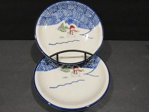 Thomson Pottery SNOWMAN Blue Spongeware Set of 4 Dessert Salad Plates 7 1/2" - Picture 1 of 9