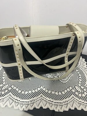 Bolso de Mano MAXX NEW YORK Negro Blanco Borde de Charol y Acentos Dorados Nuevo con Etiquetas Foto 1 de 4