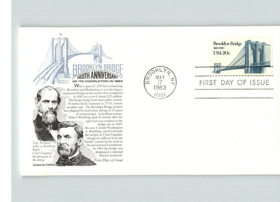 BROOKLYN BRIDGE, 1983 First Day of Issue, pic of Roebling Brothers, 100th Annive - Image 1 of 1