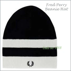 Fred Perry Beanie Hat Men's Black and White Striped Cap NEW - Picture 1 of 24