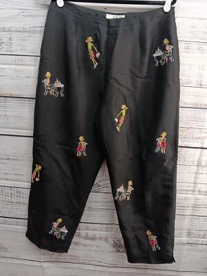  Calça de tornozelo feminina SLB 10 bordada 100% seda novidade preta vintage  - Imagem 1 de 4