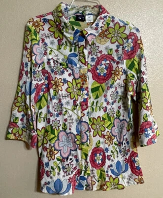 Top Big Dogs para mujer 18/20 algodón arrugado multicolor floral manga 3/4 lengüeta enrollable Foto 1 de 4