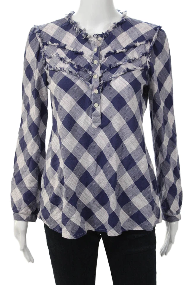 Blusa túnica William Rast para mujer bohemia a cuadros azul botón manga larga talla S Foto 1 de 4