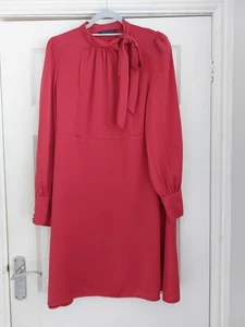 M&S Womens Red Dress Size 14 Long Sleeve Neck Bow Detail - Picture 1 of 18