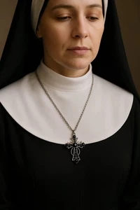 Vintage Gothic Silver Tone Cross Pendant Necklace Black Rhinestone Accents - Picture 1 of 7