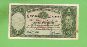 #D351. 1942 TYPE AUST. ARMITAGE / McFARLANE ONE POUND BANKNOTE #J46 733689 - Picture 1 of 2