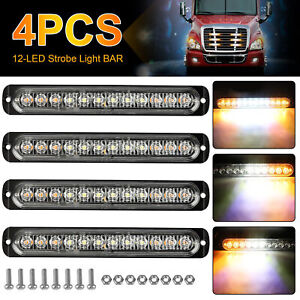 4PCS Amber/White 12LED Car Truck Emergency Warning Hazard Flash Strobe Light Bar