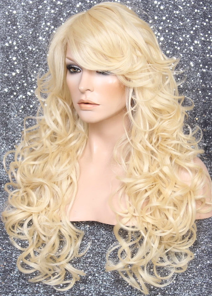 Peluca completa mezcla cabello humano calor OK rizada larga rubia pálida flequillo en capas 613 diarios Foto 1 de 4