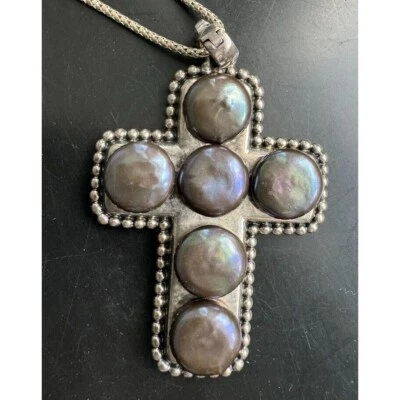 925 Sterling Silver And Black Baroque Pearls Cross Necklace Pendant Sky - Image 1 of 4