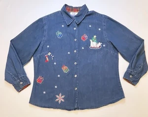 Club Z Denim Christmas Embroidered Button Long Sleeve Shirt Sleigh Presents Sz M - Picture 1 of 6
