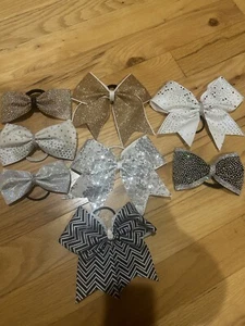 Lot Of 8 Hair Bows Cheer Sparkle Gold White And Black Sequins Silver Bow - Picture 1 of 5