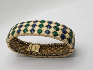 ^ Stunning CINER Enamel Blue Green Cream Harlequin design Bracelet - 7" signed - Picture 1 of 6
