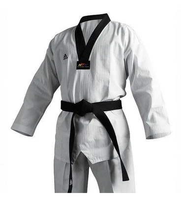 ***NUEVO CON ETIQUETAS Adidas Para Hombres Adichamp-II Blanco/Negro Borde Juego de 2 Piezas Taekwondo -- TALLA 8 Foto 1 de 4