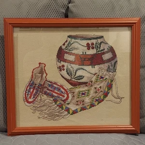 Framed Cross Stitch Native American Art Pottery Beads Moccasins Le Messurier - Picture 1 of 12