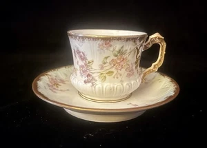 Limoges France Elite Works Antique Demitasse Cup & Saucer Gold Trim 1896-1900 - Picture 1 of 9