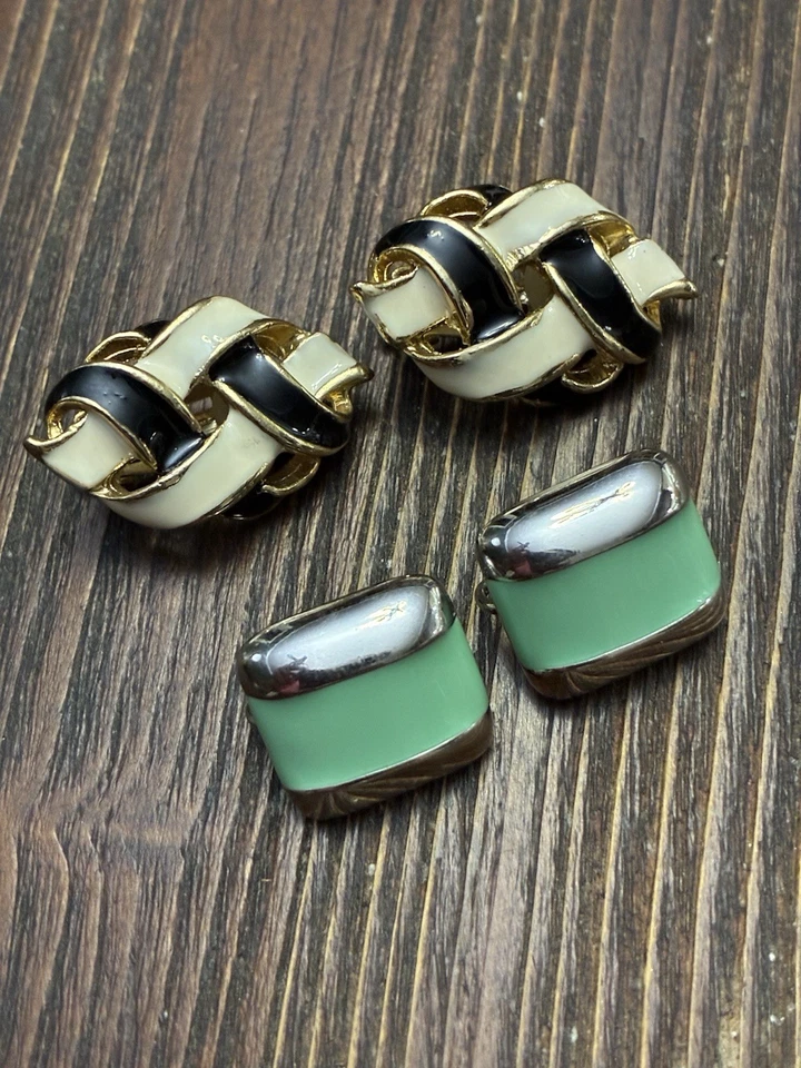 Lote de 2 Pendientes de Clip Joyería de Moda Blanco y Negro, Verde y Plata Foto 1 de 3